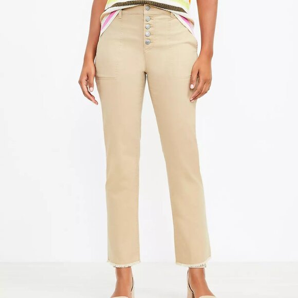 LOFT Women's Khaki Monroe Slim Chino Utility Fray Hem Pants 14 NEW - Picture 1 of 5